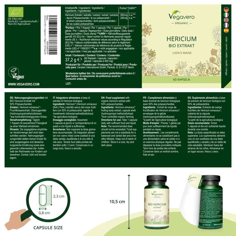 Ingrijire personala si Cosmetice - Sanatate si wellness - Suplimente alimentare - Vitamine si minerale - Vegavero Lion's Mane Extract Organic (Coama leului) - 60 Capsule - Infinity.ro