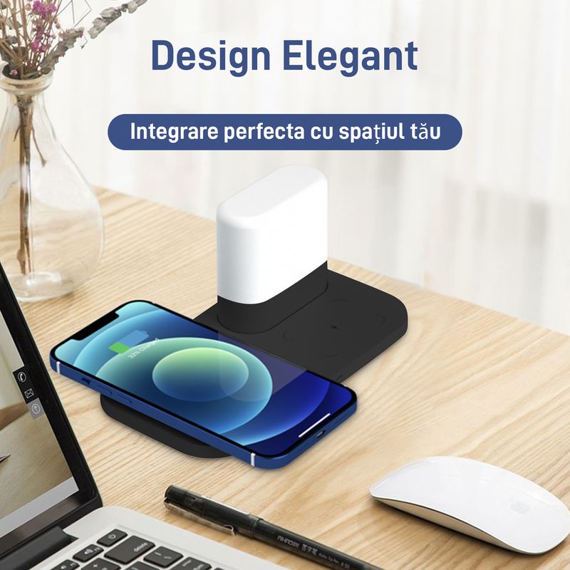 Laptop, Telefoane si Tablete - Telefoane mobile si accesorii - Accesorii Telefoane - Incarcatoare telefoane - Incarcator Wireless Vixev® Statie de Incarcare 3 in 1 QI Fast Charger 15W, USB-C, alb - Infinity.ro