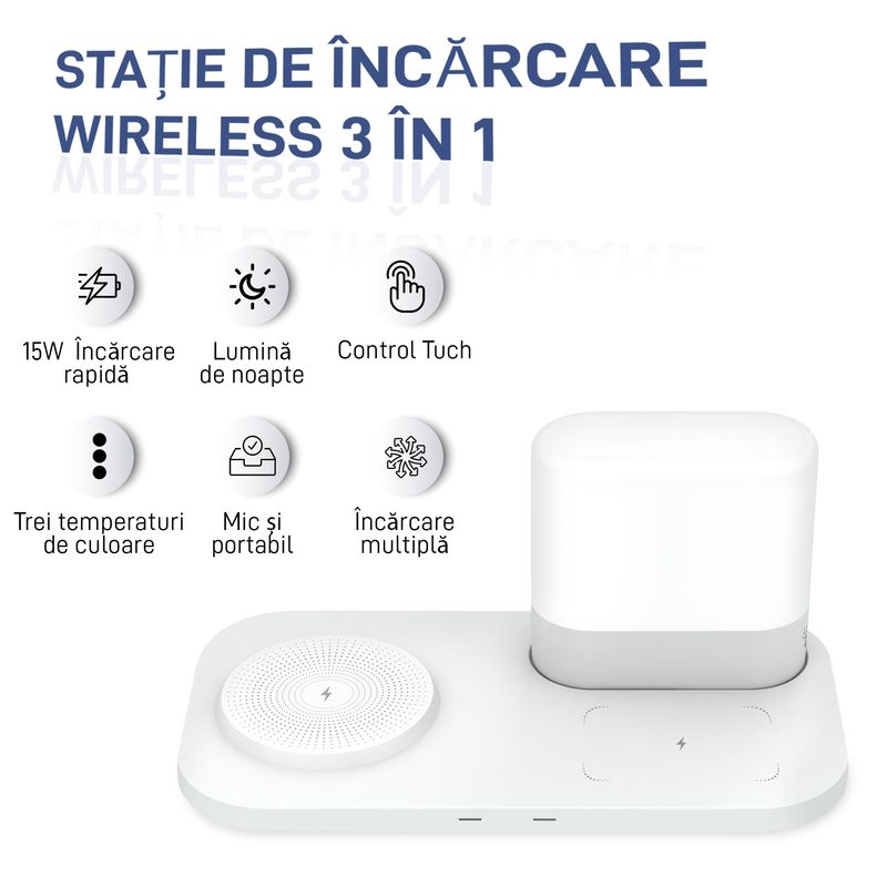 Laptop, Telefoane si Tablete - Telefoane mobile si accesorii - Accesorii Telefoane - Incarcatoare telefoane - Incarcator Wireless Vixev® Statie de Incarcare 3 in 1 QI Fast Charger 15W, USB-C, negru - Infinity.ro