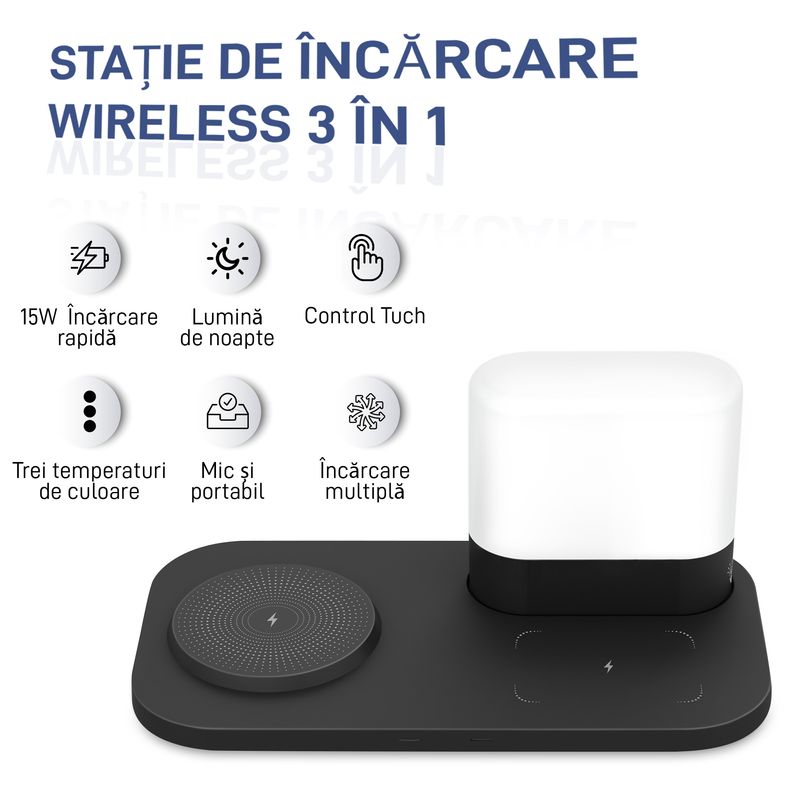 Laptop, Telefoane si Tablete - Telefoane mobile si accesorii - Accesorii Telefoane - Incarcatoare telefoane - Incarcator Wireless Vixev® Statie de Incarcare 3 in 1 QI Fast Charger 15W, USB-C, alb - Infinity.ro