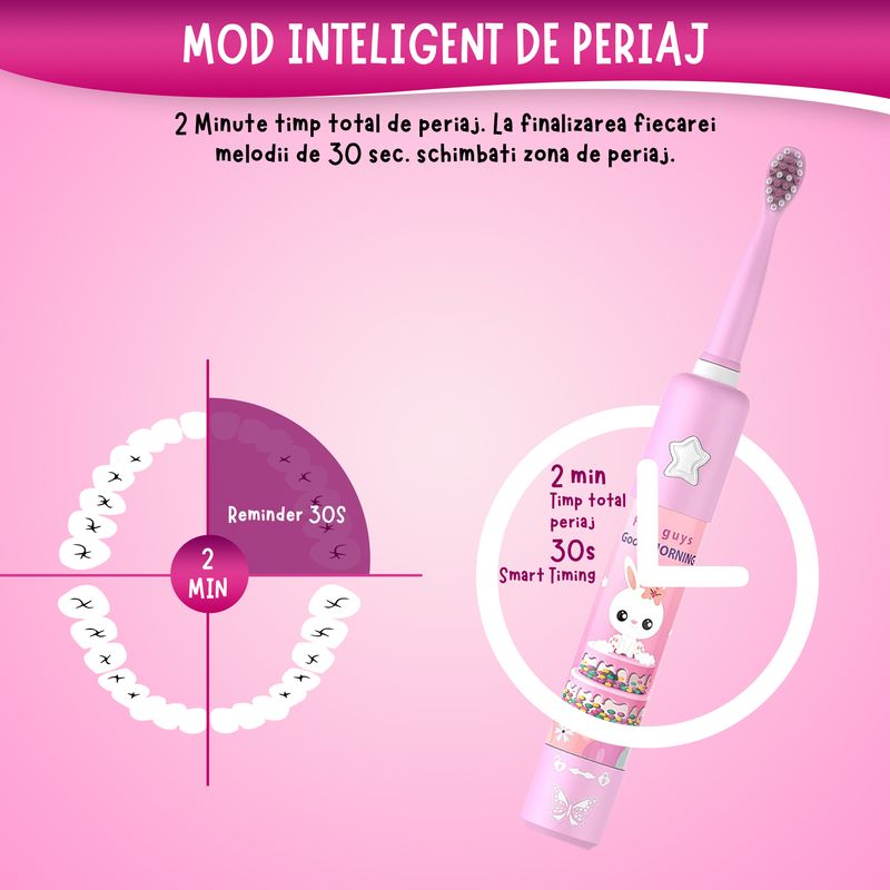 Ingrijire personala si Cosmetice - Igiena dentara - Periute de dinti electrice - Periuta de dinti muzicala pentru copii Vixev, 3 moduri de curatare, 34000 pulsatii, 3 capete, 3-12 ani, Roz - Infinity.ro