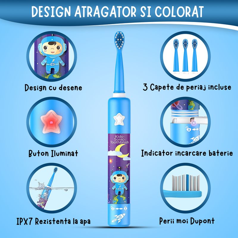Ingrijire personala si Cosmetice - Igiena dentara - Periute de dinti electrice - Periuta de dinti muzicala pentru copii Vixev, 3 moduri de curatare, 34000 pulsatii, 3 capete , 3-12 ani, albastru - Infinity.ro