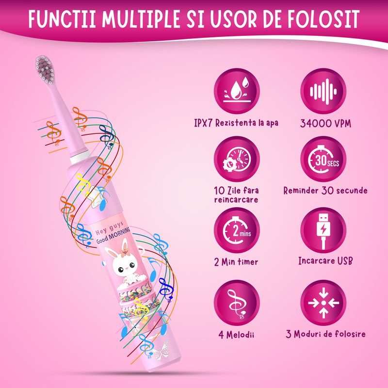 Ingrijire personala si Cosmetice - Igiena dentara - Periute de dinti electrice - Periuta de dinti muzicala pentru copii Vixev, 3 moduri de curatare, 34000 pulsatii, 3 capete, 3-12 ani, Roz - Infinity.ro
