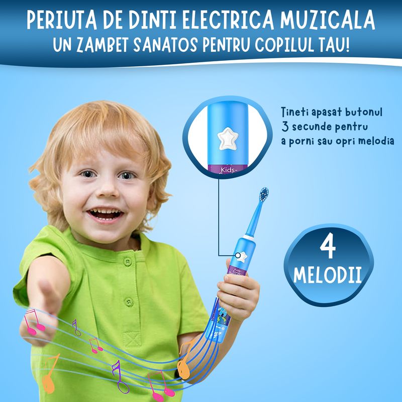Ingrijire personala si Cosmetice - Igiena dentara - Periute de dinti electrice - Periuta de dinti muzicala pentru copii Vixev, 3 moduri de curatare, 34000 pulsatii, 3 capete , 3-12 ani, albastru - Infinity.ro
