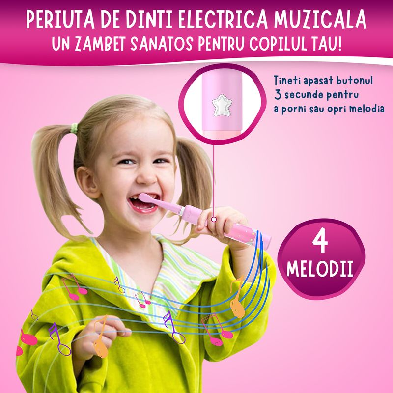 Ingrijire personala si Cosmetice - Igiena dentara - Periute de dinti electrice - Periuta de dinti muzicala pentru copii Vixev, 3 moduri de curatare, 34000 pulsatii, 3 capete, 3-12 ani, Roz - Infinity.ro