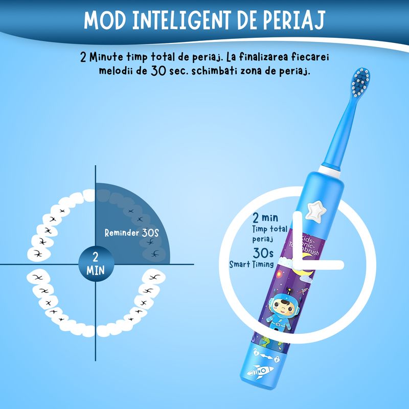 Ingrijire personala si Cosmetice - Igiena dentara - Periute de dinti electrice - Periuta de dinti muzicala pentru copii Vixev, 3 moduri de curatare, 34000 pulsatii, 3 capete , 3-12 ani, albastru - Infinity.ro