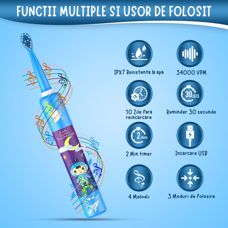 Ingrijire personala si Cosmetice - Igiena dentara - Periute de dinti electrice - Periuta de dinti muzicala pentru copii Vixev, 3 moduri de curatare, 34000 pulsatii, 3 capete , 3-12 ani, albastru - Infinity.ro
