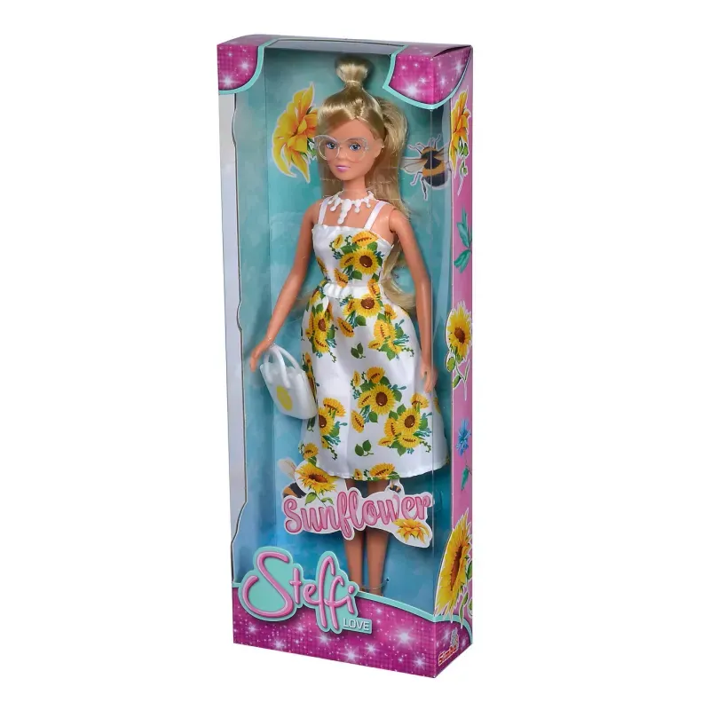 Jucarii, Copii si Bebe - Jucarii si jocuri - Papusi si accesorii - Papusi - Papusa steffi cu rochita alba cu imprimeu floarea soarelui - Infinity.ro