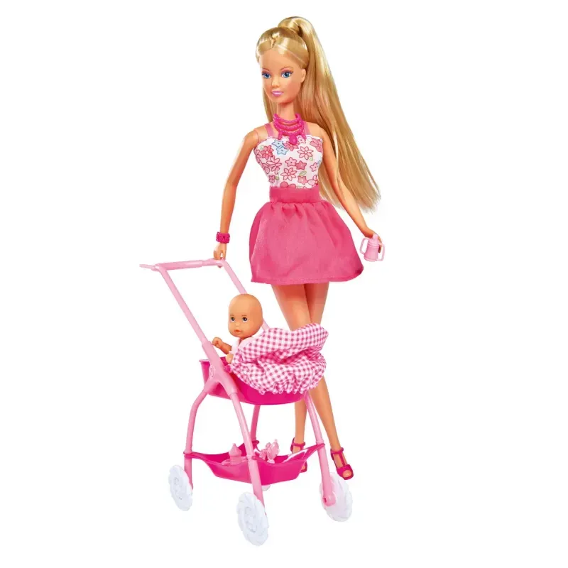 Jucarii, Copii si Bebe - Jucarii si jocuri - Papusi si accesorii - Papusi - Papusa steffi in rochita roz si cu carucior bebe - Infinity.ro
