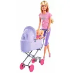 Jucarii, Copii si Bebe - Jucarii si jocuri - Papusi si accesorii - Papusi - Papusa steffi in pantaloni cu carucior si gemeni - Infinity.ro