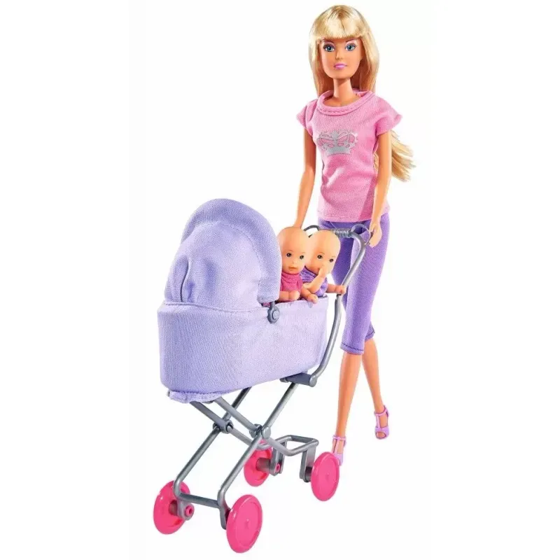 Jucarii, Copii si Bebe - Jucarii si jocuri - Papusi si accesorii - Papusi - Papusa steffi in pantaloni cu carucior si gemeni - Infinity.ro