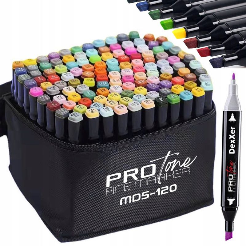 Carti si Birotica - Birotica - Instrumente de scris - Markere si carioci - Set 120 markere profesionale pentru pasionatii de desen, cu cap dublu gros - subtire, cu geanta de depozitare - Infinity.ro