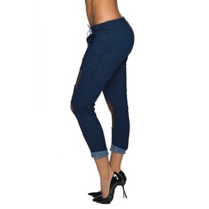Pantaloni lungi casual model statement cu rupturi, bleu, S/M