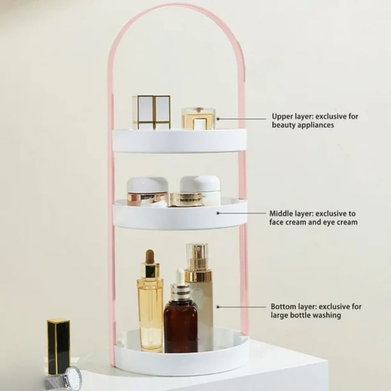 Casa si Gradina - Sanitare - Cazi si cabine de dus - Accesorii cada - Organizator portabil pentru cosmetice cu maner si 3 rafturi, Plastic PP, 19.5 x 50 cm, Roz - Infinity.ro