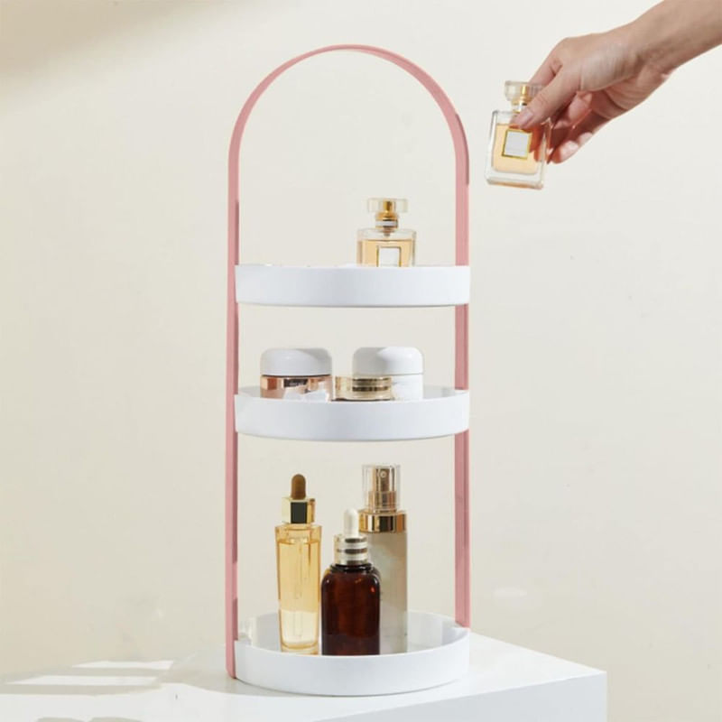 Casa si Gradina - Sanitare - Cazi si cabine de dus - Accesorii cada - Organizator portabil pentru cosmetice cu maner si 3 rafturi, Plastic PP, 19.5 x 50 cm, Roz - Infinity.ro