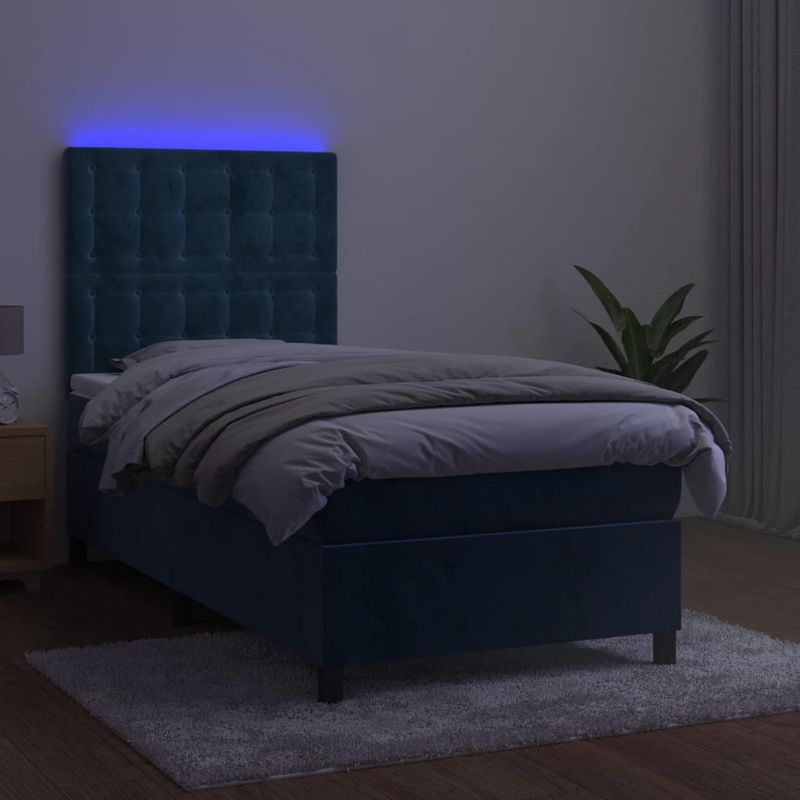 Casa si Gradina - Mobilier - Paturi si accesorii - Paturi - Pat cu arcuri, saltea si LED, bleumarin, 90x200 cm, catifea - Infinity.ro