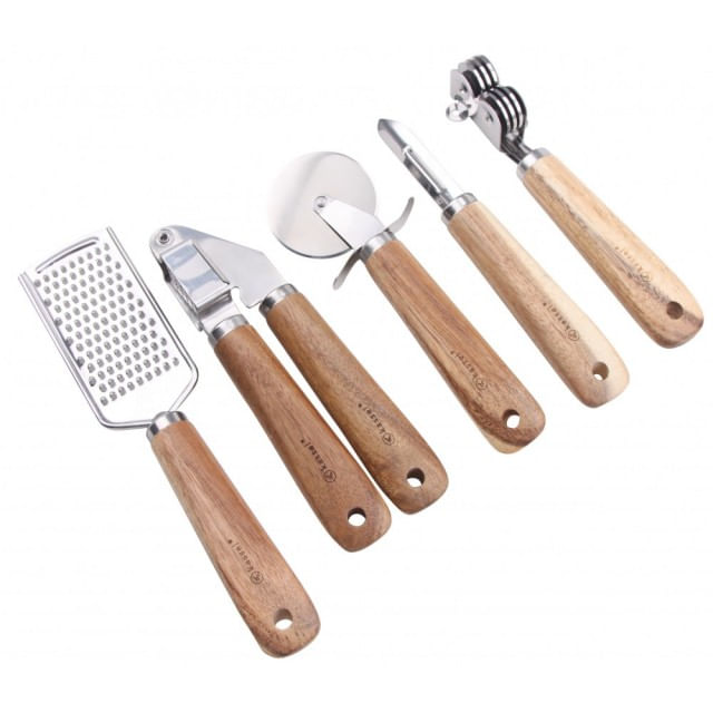 Set ustensile Kassel, razatoare de mana, presa usturoi, cutit pizza, curatator legume si ascutitor cutite