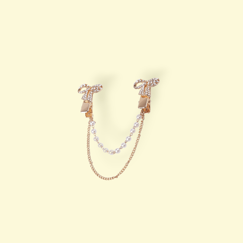 Fashion, accesorii si bijuterii - Femei - Bijuterii femei - Brose femei - Brosa decorativa cardigan cu lant Crisalida, 16 cm Fundite aurii - Infinity.ro