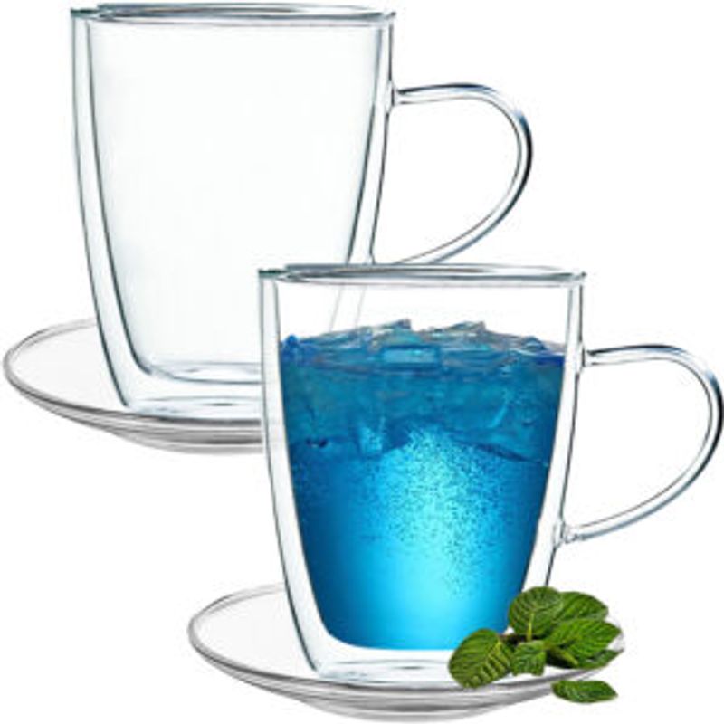 Casa si Gradina - Bucatarie si vesela - Cani si pahare - Cani si cesti - Set 2 cani si 2 farfurioare, Quasar & Co.®, farfurioara 10.5 cm, cana 350ml cu pereti dubli, termorezistent, transparent - Infinity.ro
