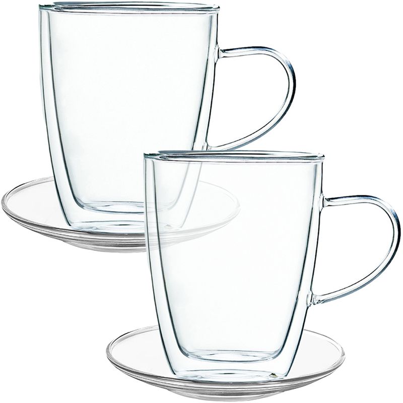 Casa si Gradina - Bucatarie si vesela - Cani si pahare - Cani si cesti - Set 2 cani si 2 farfurioare, Quasar & Co.®, farfurioara 10.5 cm, cana 350ml cu pereti dubli, termorezistent, transparent - Infinity.ro