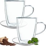 Casa si Gradina - Bucatarie si vesela - Cani si pahare - Cani si cesti - Set 2 cani si 2 farfurioare, Quasar & Co.®, farfurioara 10.5 cm, cana 350ml cu pereti dubli, termorezistent, transparent - Infinity.ro