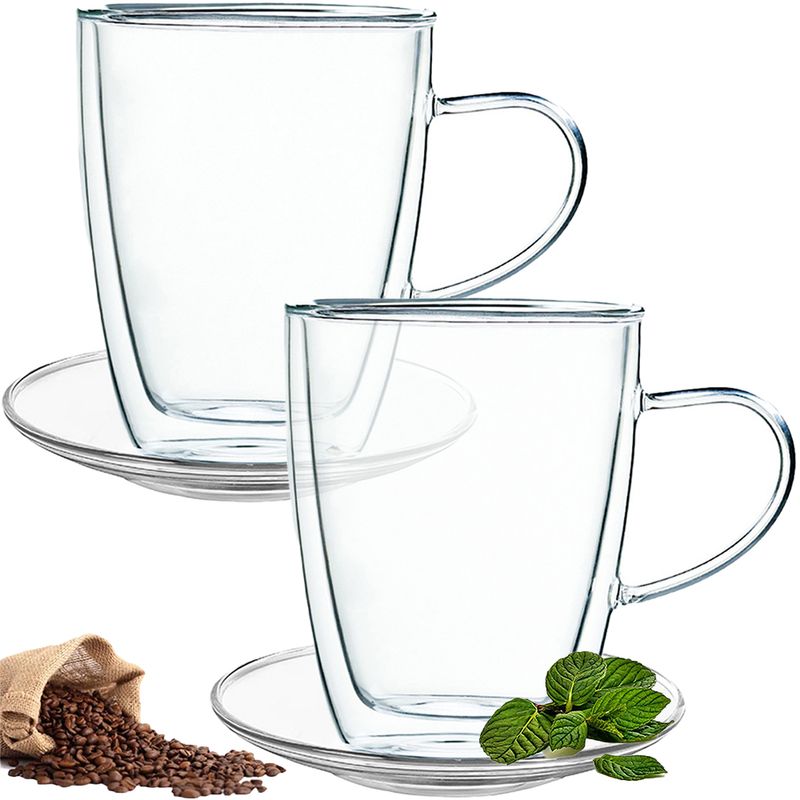 Casa si Gradina - Bucatarie si vesela - Cani si pahare - Cani si cesti - Set 2 cani si 2 farfurioare, Quasar & Co.®, farfurioara 10.5 cm, cana 350ml cu pereti dubli, termorezistent, transparent - Infinity.ro