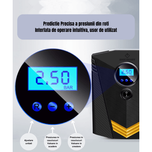 Pompa aer auto electrica smart, Compresor automat, Manometru digital, Umflare rapida, Accesorii incluse, 10.8 bar, Negru