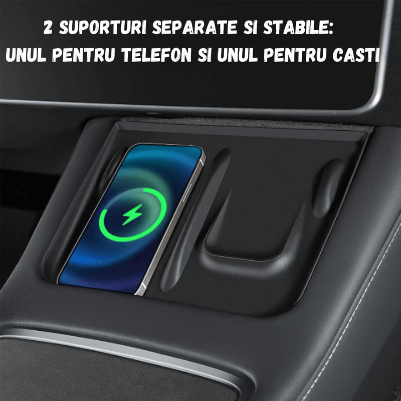 Auto si Moto - Piese auto si accesorii - Interior auto - Accesorii interior - Covoras pentru suportul de incarcare Tesla, cu 2 compartimente, pentru telefon si casti, compatibil Model 3/Y, Negru - Infinity.ro