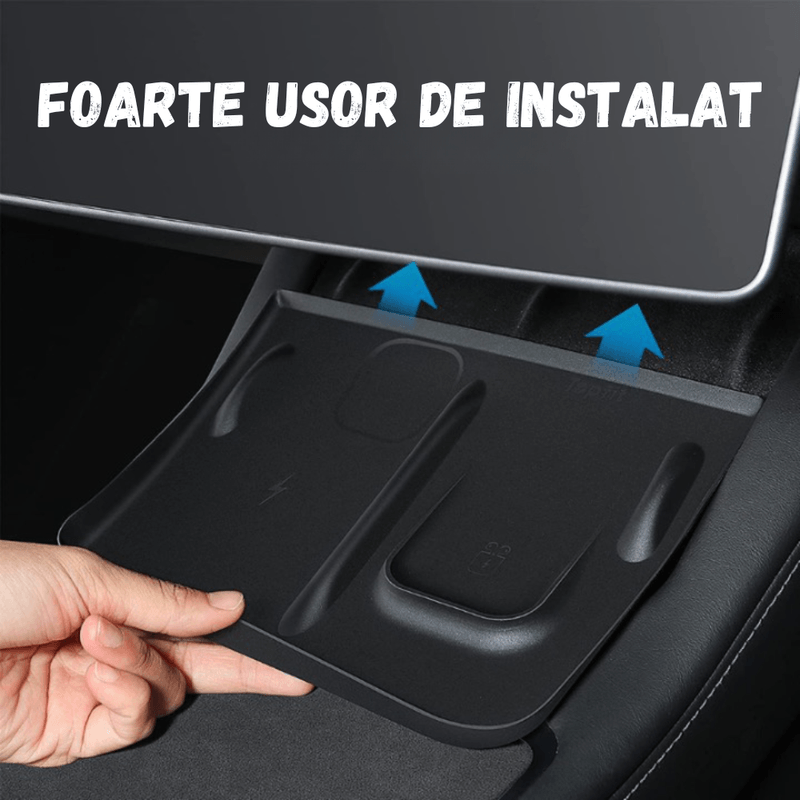Auto si Moto - Piese auto si accesorii - Interior auto - Accesorii interior - Covoras pentru suportul de incarcare Tesla, cu 2 compartimente, pentru telefon si casti, compatibil Model 3/Y, Negru - Infinity.ro