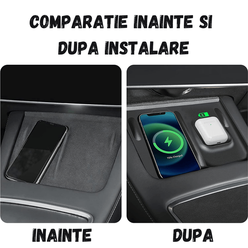 Auto si Moto - Piese auto si accesorii - Interior auto - Accesorii interior - Covoras pentru suportul de incarcare Tesla, cu 2 compartimente, pentru telefon si casti, compatibil Model 3/Y, Negru - Infinity.ro