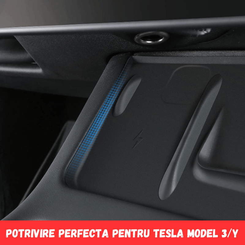 Auto si Moto - Piese auto si accesorii - Interior auto - Accesorii interior - Covoras pentru suportul de incarcare Tesla, cu 2 compartimente, pentru telefon si casti, compatibil Model 3/Y, Negru - Infinity.ro
