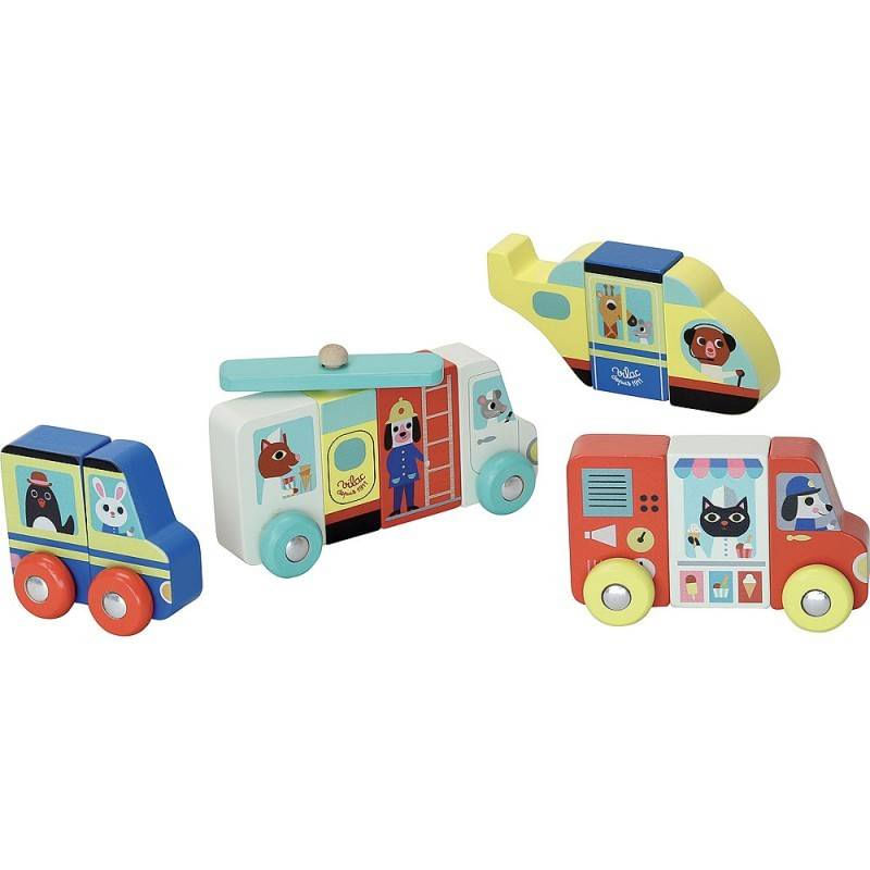 Jucarii, Copii si Bebe - Jucarii si jocuri - Jucarii & jocuri educative - Jocuri si jucarii educative - Set 4 vehicule magnetice, din lemn - Infinity.ro