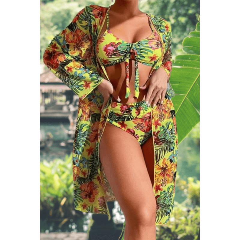 Fashion, accesorii si bijuterii - Femei - Lenjerie si pijamale femei - Costume de baie femei - Costum de baie dama, Ava-Stars ®, Sutien tip bustiera si slip talie inalta, Camasa vaporoasa, 3 piese, L, Galben Floral - Infinity.ro