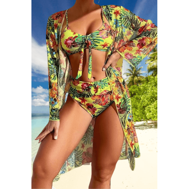 Fashion, accesorii si bijuterii - Femei - Lenjerie si pijamale femei - Costume de baie femei - Costum de baie dama, Ava-Stars ®, Sutien tip bustiera si slip talie inalta, Camasa vaporoasa, 3 piese, L, Galben Floral - Infinity.ro