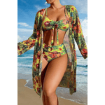 Fashion, accesorii si bijuterii - Femei - Lenjerie si pijamale femei - Costume de baie femei - Costum de baie dama, Ava-Stars ®, Sutien tip bustiera si slip talie inalta, Camasa vaporoasa, 3 piese, L, Galben Floral - Infinity.ro