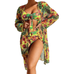 Fashion, accesorii si bijuterii - Femei - Lenjerie si pijamale femei - Costume de baie femei - Costum de baie dama, Ava-Stars ®, Sutien tip bustiera si slip talie inalta, Camasa vaporoasa, 3 piese, L, Galben Floral - Infinity.ro