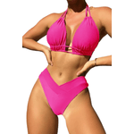 Fashion, accesorii si bijuterii - Femei - Lenjerie si pijamale femei - Costume de baie femei - Costum de baie dama, Ava-Stars ®, Sutien ajustabil si slip cu talie inalta in V, 2 piese, Marimea XL, Roz - Infinity.ro