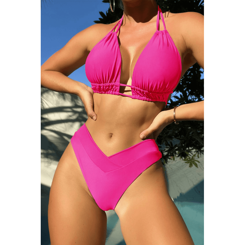 Fashion, accesorii si bijuterii - Femei - Lenjerie si pijamale femei - Costume de baie femei - Costum de baie dama, Ava-Stars ®, Sutien ajustabil si slip cu talie inalta in V, 2 piese, Marimea XL, Roz - Infinity.ro