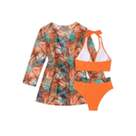Fashion, accesorii si bijuterii - Femei - Lenjerie si pijamale femei - Costume de baie femei - Costum de baie dama, Ava-Stars, Sutien bustiera si slip talie inalta, Camasa vaporoasa, 3 piese, XL, Portocaliu Floral - Infinity.ro