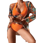 Fashion, accesorii si bijuterii - Femei - Lenjerie si pijamale femei - Costume de baie femei - Costum de baie dama, Ava-Stars, Sutien bustiera si slip talie inalta, Camasa vaporoasa, 3 piese, XL, Portocaliu Floral - Infinity.ro