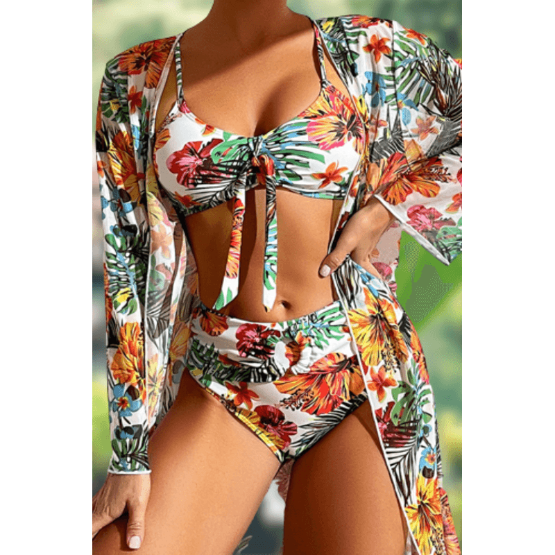 Fashion, accesorii si bijuterii - Femei - Lenjerie si pijamale femei - Costume de baie femei - Costum de baie dama, Ava-Stars ®, Sutien tip bustiera si slip talie inalta, Camasa vaporoasa, 3 piese, M, Alb Floral - Infinity.ro