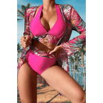 Fashion, accesorii si bijuterii - Femei - Lenjerie si pijamale femei - Costume de baie femei - Costum de baie dama, Ava-Stars ®, Sutien tip bustiera si slip talie inalta, Camasa vaporoasa, 3 piese, L, Roz Floral - Infinity.ro
