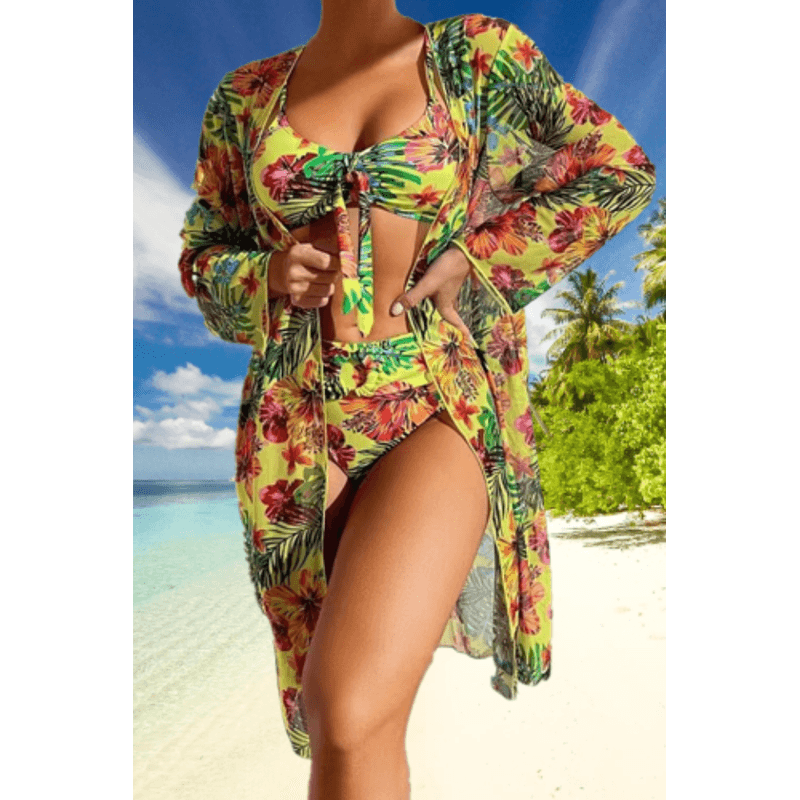 Fashion, accesorii si bijuterii - Femei - Lenjerie si pijamale femei - Costume de baie femei - Costum de baie dama, Ava-Stars ®, Sutien tip bustiera si slip talie inalta, Camasa vaporoasa, 3 piese, XL, Galben Floral - Infinity.ro