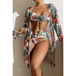 Fashion, accesorii si bijuterii - Femei - Lenjerie si pijamale femei - Costume de baie femei - Costum de baie dama, Ava-Stars ®, Sutien tip bustiera si slip talie inalta, Camasa vaporoasa, 3 piese, M, Alb Floral - Infinity.ro