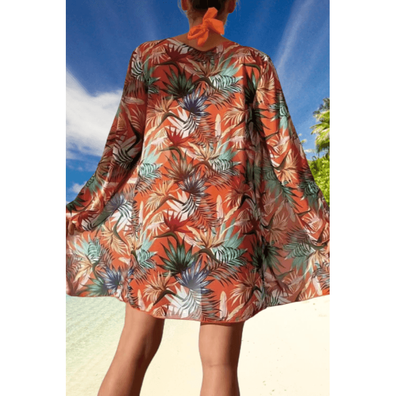 Fashion, accesorii si bijuterii - Femei - Lenjerie si pijamale femei - Costume de baie femei - Costum de baie dama, Ava-Stars, Sutien bustiera si slip talie inalta, Camasa vaporoasa, 3 piese, XL, Portocaliu Floral - Infinity.ro