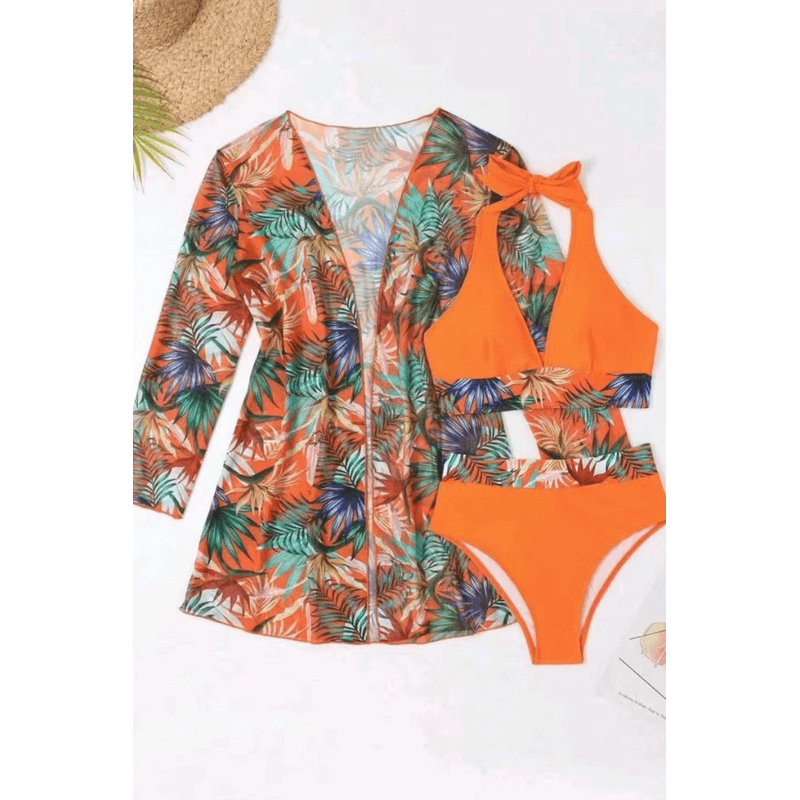 Fashion, accesorii si bijuterii - Femei - Lenjerie si pijamale femei - Costume de baie femei - Costum de baie dama, Ava-Stars, Sutien bustiera si slip talie inalta, Camasa vaporoasa, 3 piese, XL, Portocaliu Floral - Infinity.ro