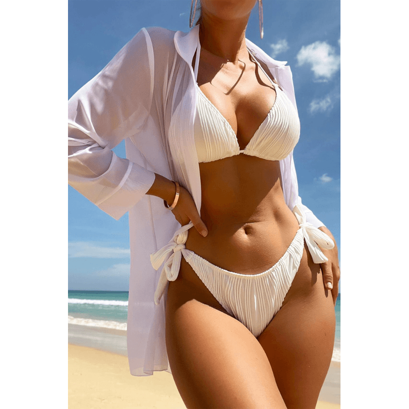 Fashion, accesorii si bijuterii - Femei - Lenjerie si pijamale femei - Costume de baie femei - Costum de baie dama, Ava-Stars ®, Sutien si slip ajustabil, Camasa vaporoasa, 3 piese, Marimea XL, Alb - Infinity.ro