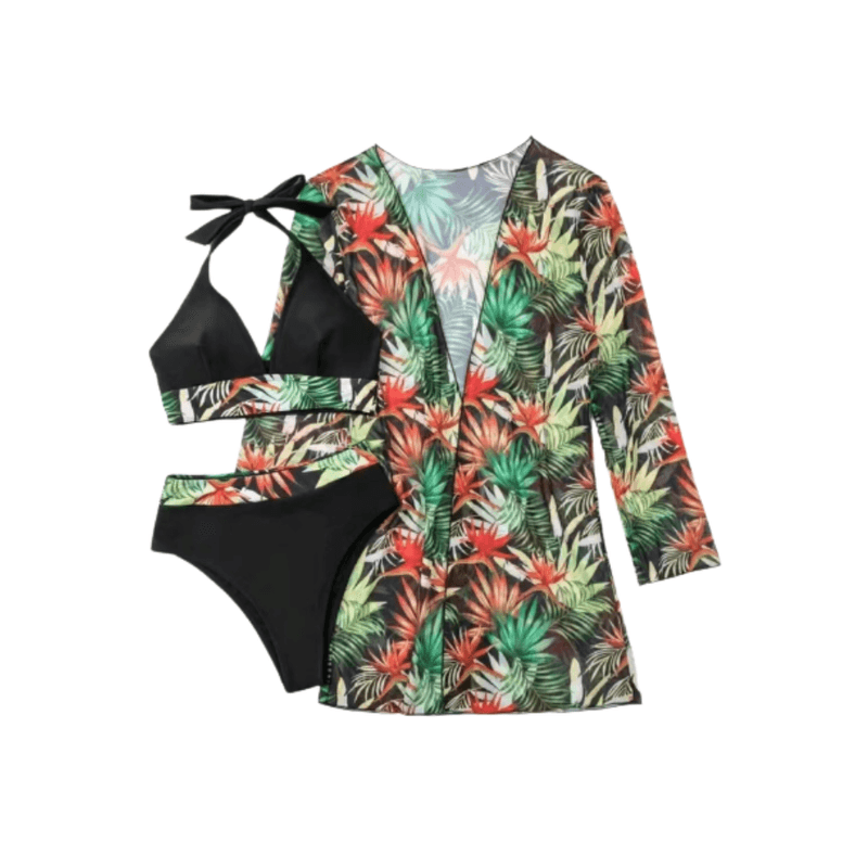 Fashion, accesorii si bijuterii - Femei - Lenjerie si pijamale femei - Costume de baie femei - Costum de baie dama, Ava-Stars ®, Sutien tip bustiera si slip talie inalta, Camasa vaporoasa, 3 piese, M, Negru Floral - Infinity.ro