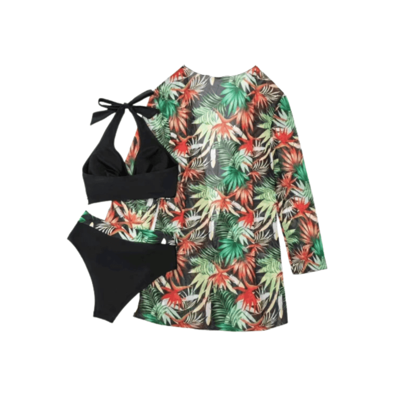 Fashion, accesorii si bijuterii - Femei - Lenjerie si pijamale femei - Costume de baie femei - Costum de baie dama, Ava-Stars ®, Sutien tip bustiera si slip talie inalta, Camasa vaporoasa, 3 piese, L, Negru Floral - Infinity.ro