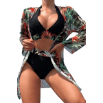 Fashion, accesorii si bijuterii - Femei - Lenjerie si pijamale femei - Costume de baie femei - Costum de baie dama, Ava-Stars ®, Sutien tip bustiera si slip talie inalta, Camasa vaporoasa, 3 piese, L, Negru Floral - Infinity.ro